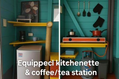 kitchenette with a small refrigerator and 2 burner stove
