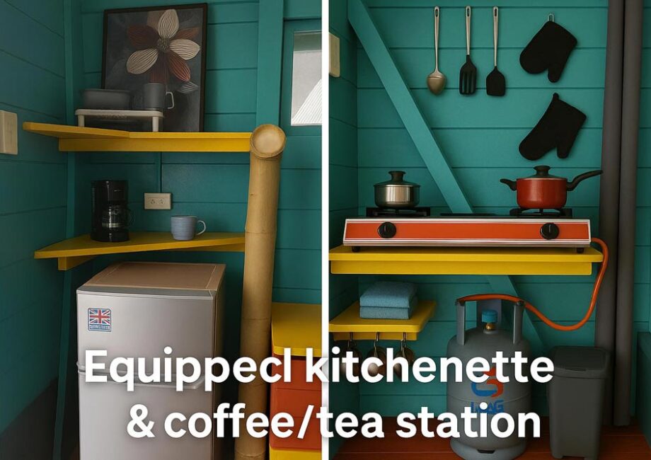 kitchenette with a small refrigerator and 2 burner stove