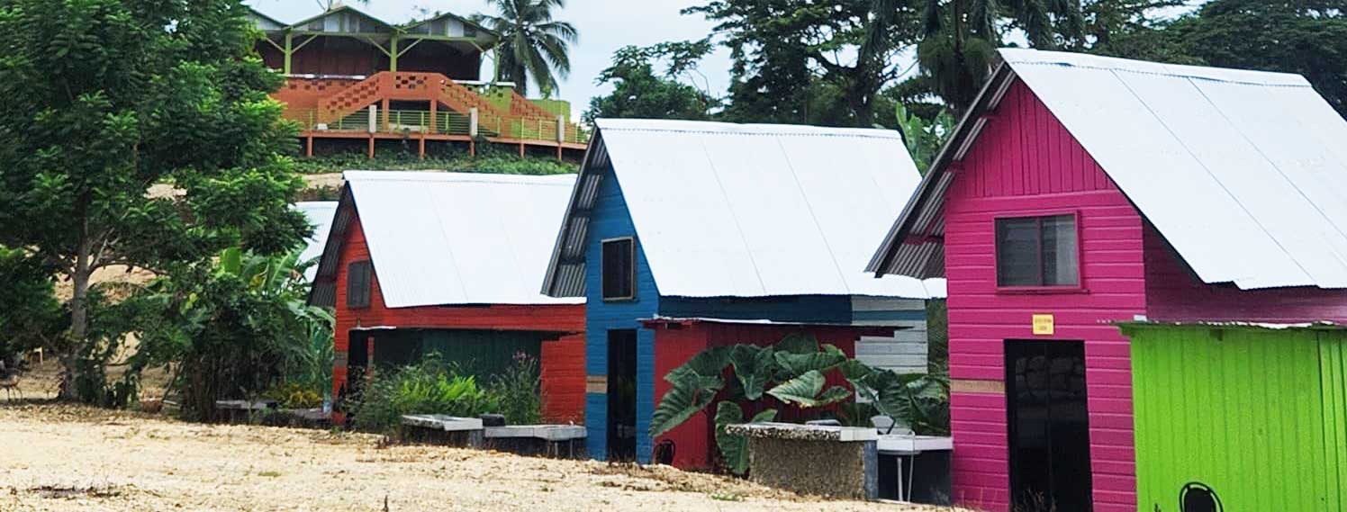 view of 3 tiny homes (Orange, Blue and Pink) surrounded by trees on the Rustic Mountain Living Retreat's property
