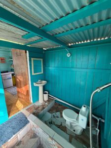 Private Bathroom and shower with blue wooden walls and mosaic tile floor