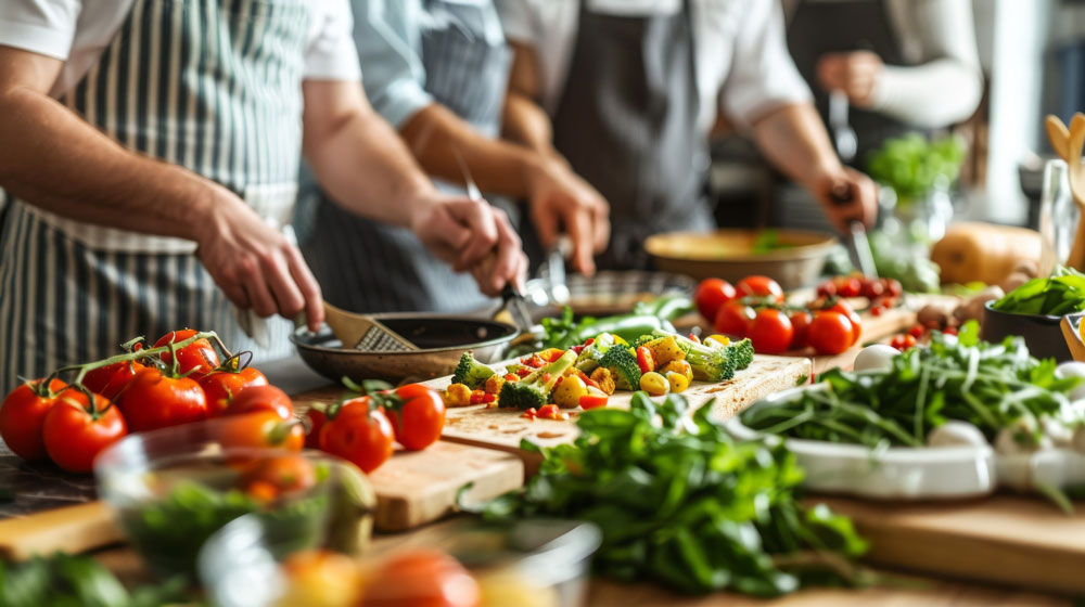 a class cooking with fresh vegetables