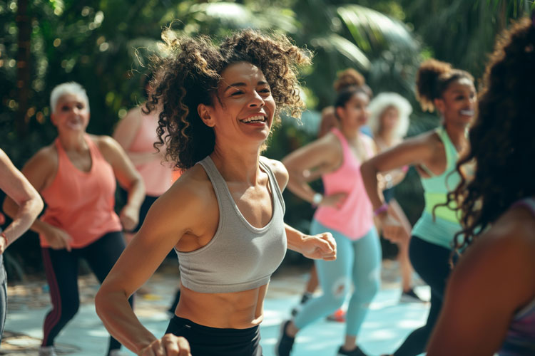 Group of women doing zumba outdoors