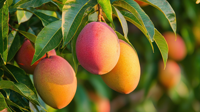 close view of ripe mangoes on a mango tree