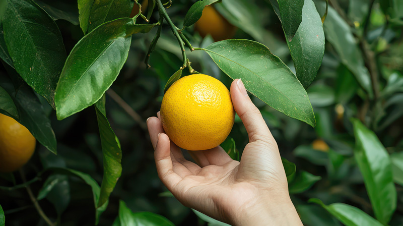 someone picking an orange from an orange tree