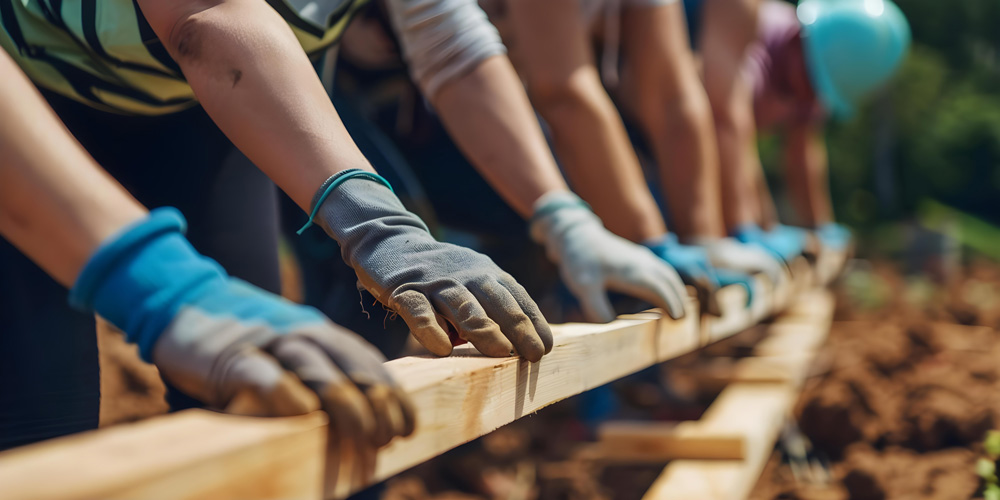 10 hands on a piece wood of a foundation of a tiny house