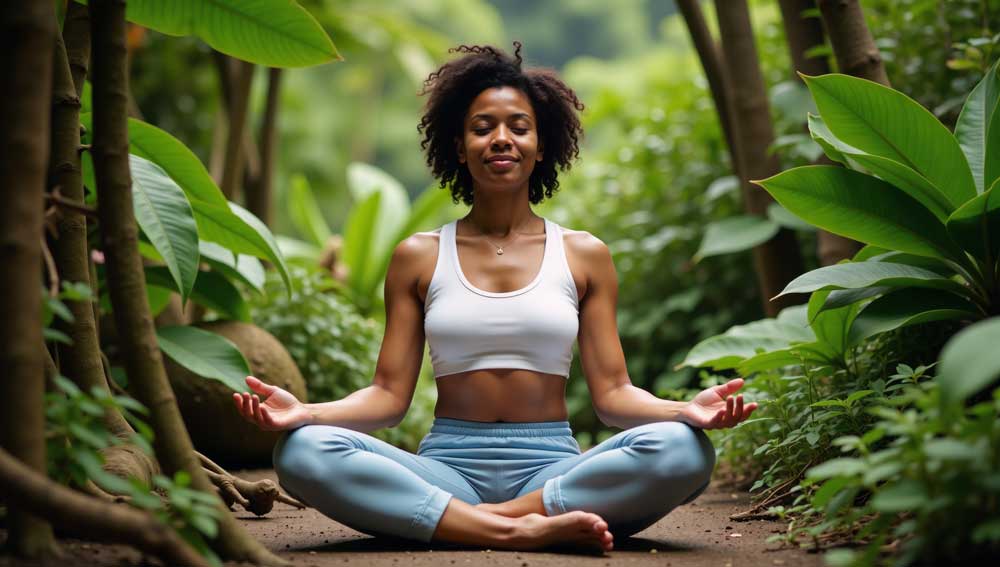 Woman meditate with lush greenery in the background