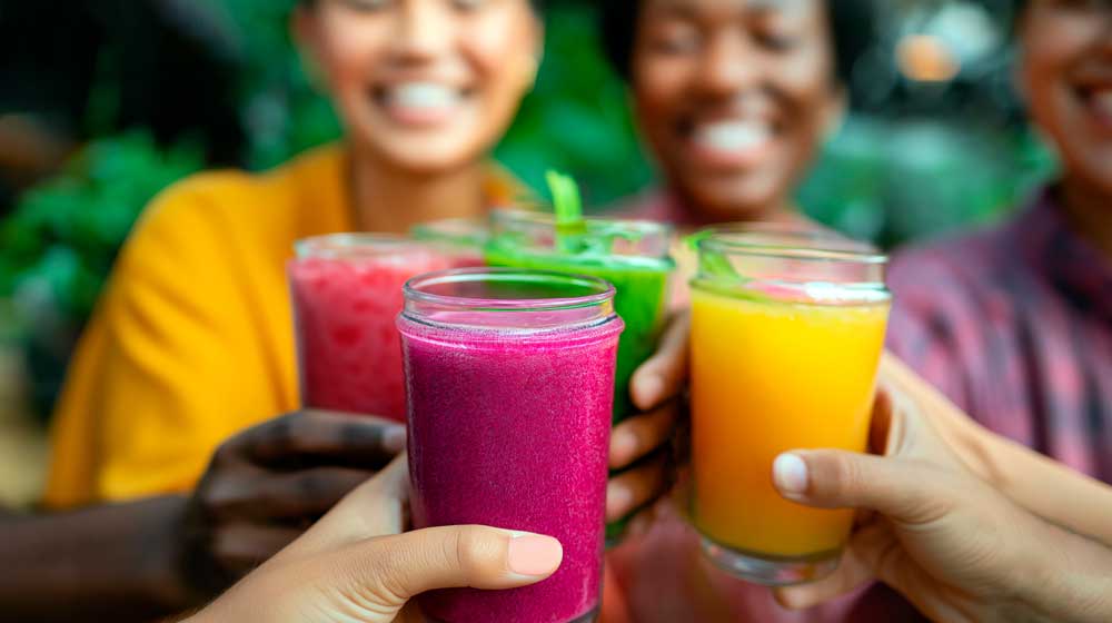 Women toasting with smoothies, with lush greenery in the background