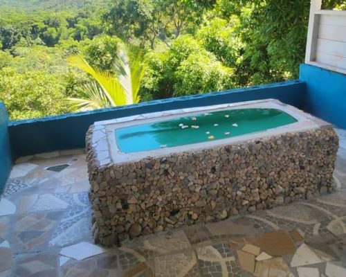 Bath house is a mosaic stone bath with flower petals floating on the water and a beautiful view of the Jamaica mountains