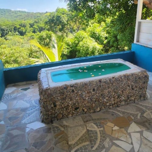 Bath house is a mosaic stone bath with flower petals floating on the water and a beautiful view of the Jamaica mountains